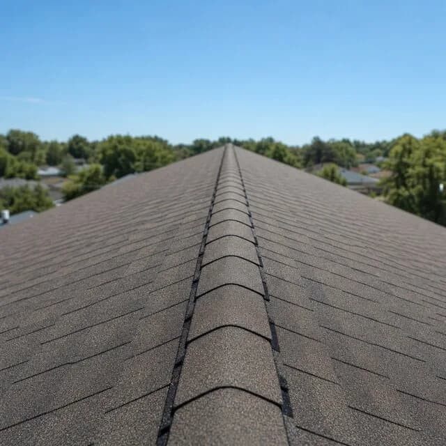 Long, perfectly straight roof ridge line with ridge-cap shingles