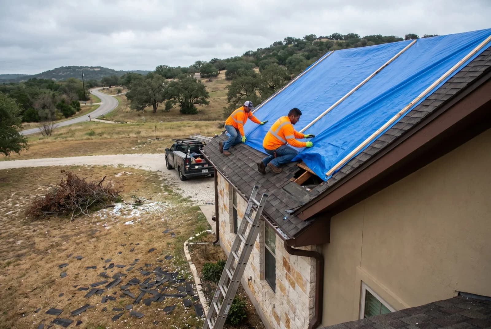 Crew securing a tarp over a hail-damaged roof