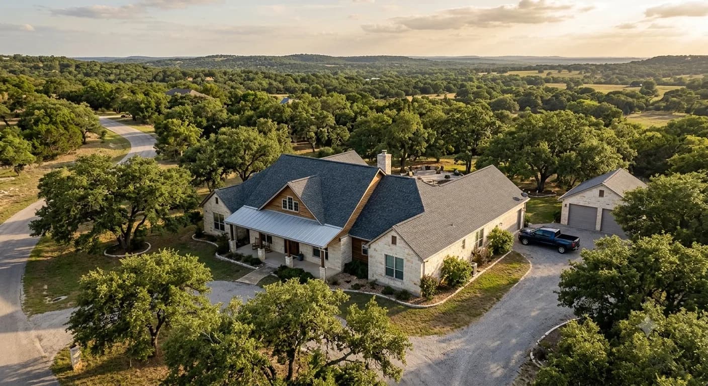 Drone view of a completed architectural shingle roof