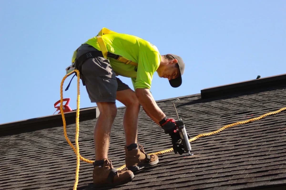 Roofer fastening shingles on a steep pitch