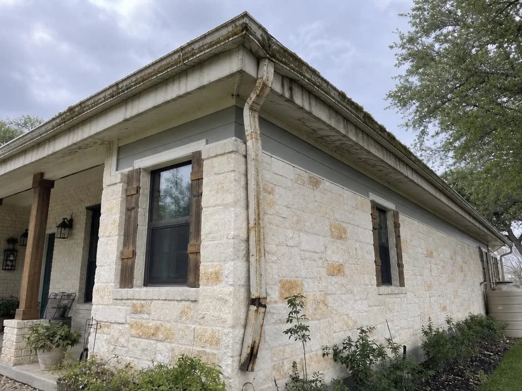 Moss-caked gutter failing along the roofline