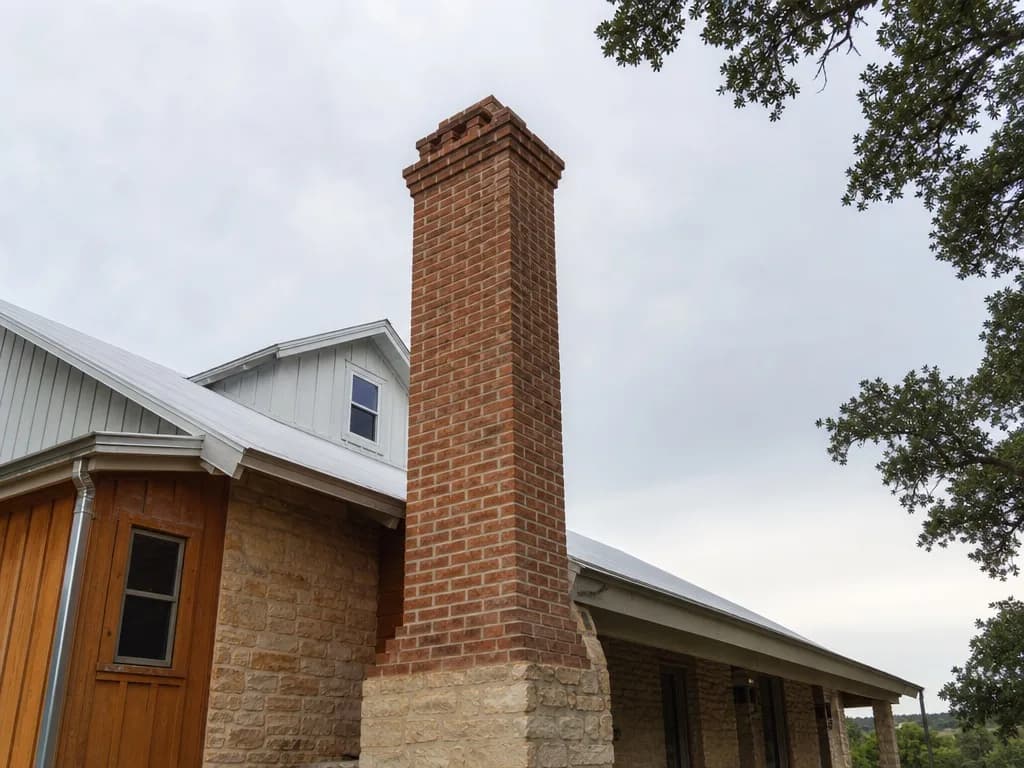 Rebuilt twin brick chimneys against the sky