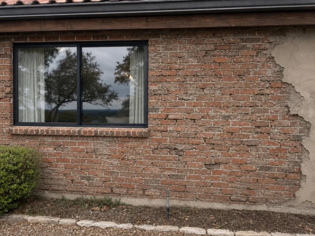 Brick wall with failing mortar and a crumbling parge coat