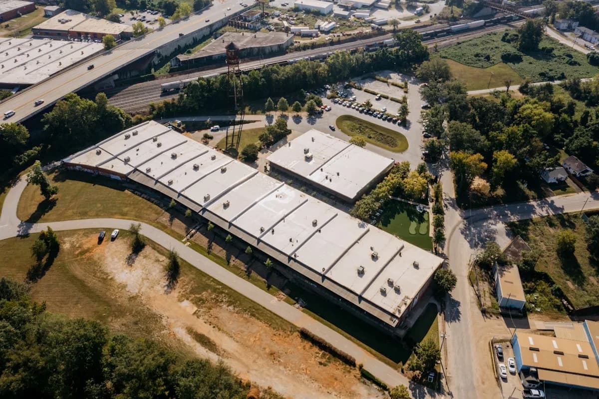 Aerial view of flat-roof commercial buildings