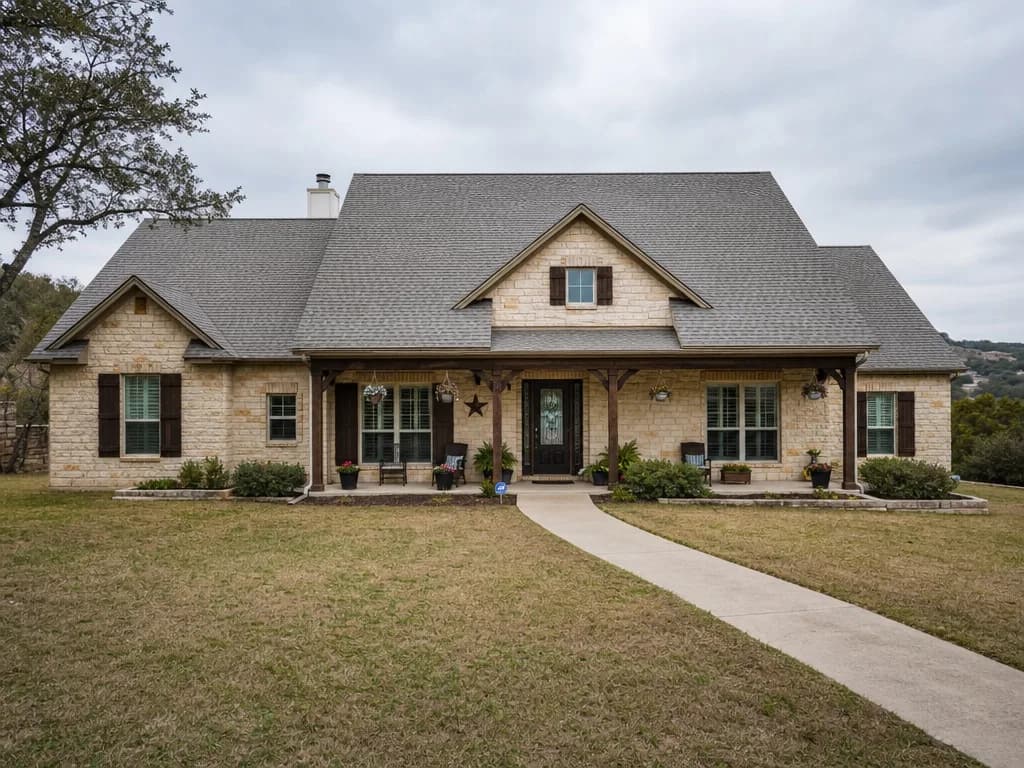 Crisp new architectural shingle roof on a two-story home