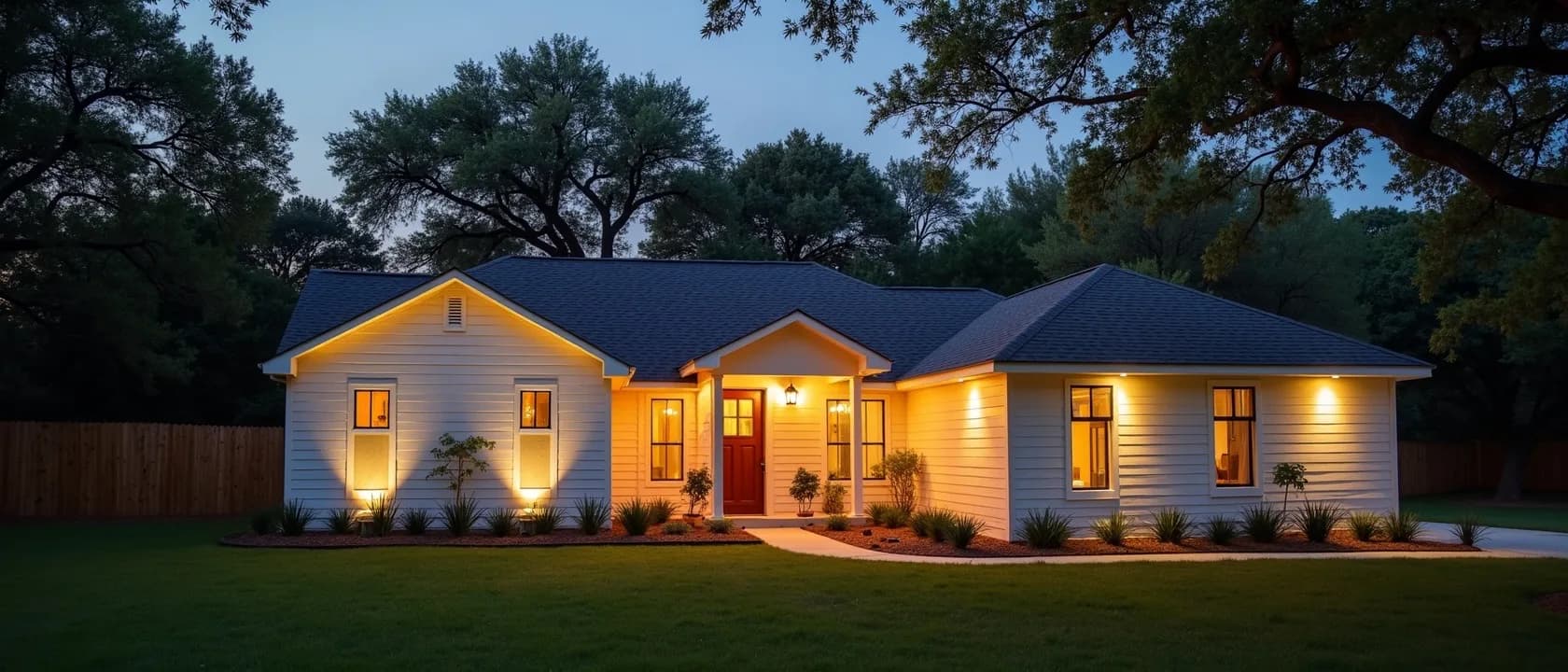 Freshly sided home lit up at dusk