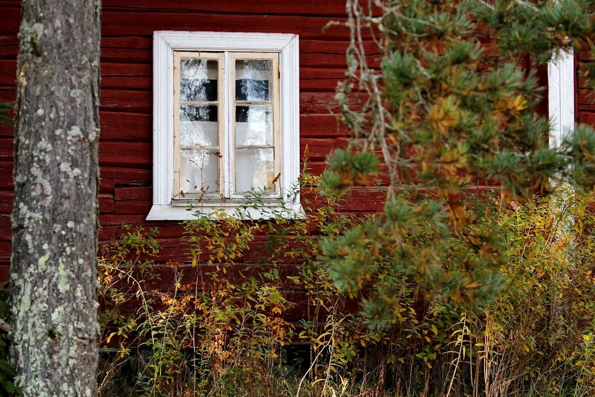 Classic white-framed window on a country home