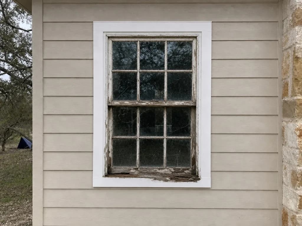 Rotted wood sash window with peeling paint